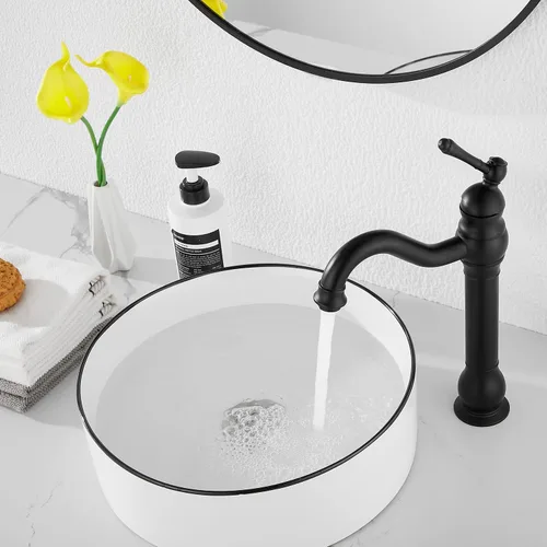 Miniatura 6 de Grifo de baño negro GGStudy con giro de 360°, de una sola manija y un agujero, grifo de fregadero de baño que coincide con el desagüe emergente