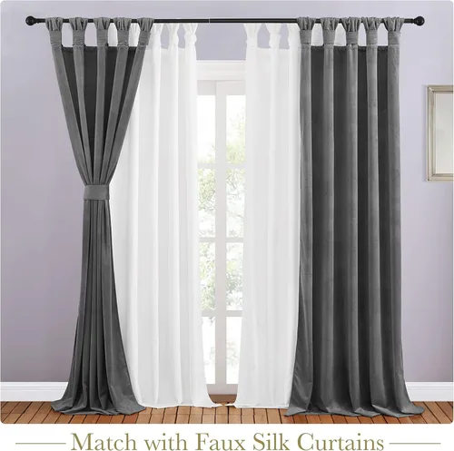 Miniatura 4 de StangH Cortinas de terciopelo gris de 84 pulgadas – Cortinas opacas con diseño de pestaña giratoria para decoración de ventana de sala