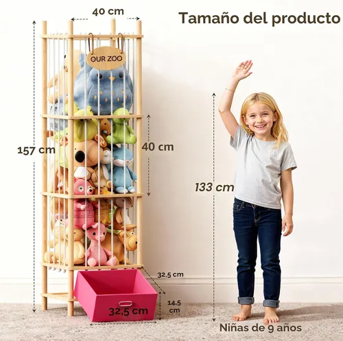 Miniatura 2 de Brelley Organizador de almacenamiento de juguetes de madera para animales de peluche con cajón, cofre grande para juguetes con animal de peluche