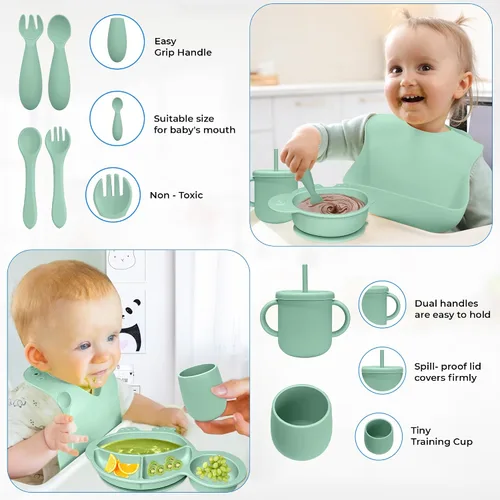 Miniatura 4 de Juego de alimentación de silicona para bebés, 9 piezas, utensilios sólidos de primera etapa para comer alimentos para bebés, más de 6 meses