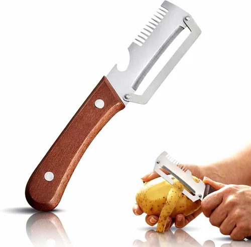 Pelador de verduras multifuncional, cuchillo pelador de frutas grueso de acero inoxidable multifunción 2026 Ktchen con mango de madera, 3-1,