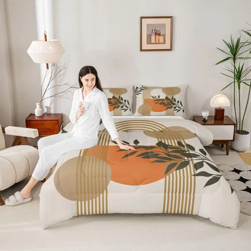 Miniatura 4 de Juego de ropa de cama tamaño King con diseño de hojas bohemias para niñas, niños, adolescentes y mujeres, abstracto, exótico, geométrico, moderno