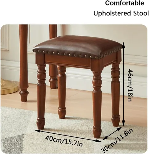 Miniatura 6 de 39.4in Vintage Vanity Desk with Adjustable Angle Mirror, Wooden Dressing Table Set for Bedroom with 5 Drawers, Cushioned Stool