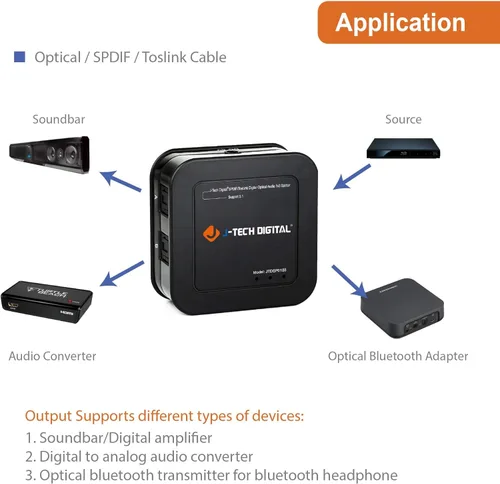Miniatura 4 de J-Tech Digital Interruptor digital premium de señal de fibra óptica a audio SPDIF, con conexión TOSLINK, con control remoto