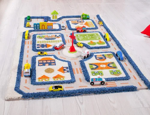 IVI Alfombra de juego gruesa 3D para niños con diseño de ciudad colorida con campo de fútbol, estacionamiento y carreteras, azul, 32 x 45 pulgadas