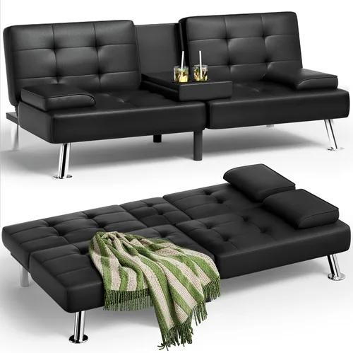 Homall Sofá Cama Futón, Sofá Futón de Cuero con Reposabrazos Removibles, Sofá Cama Reclinable para Dormir Ajustable con Portavasos Dobles para Sala