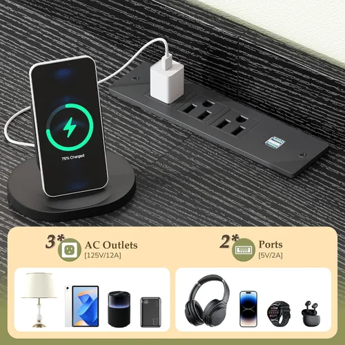 Miniatura 5 de Cómoda negra para dormitorio con luces LED y estación de carga y 4 ganchos, 11 cajones y cómodas de tela larga para TV de 50, 55, 60 pulgadas
