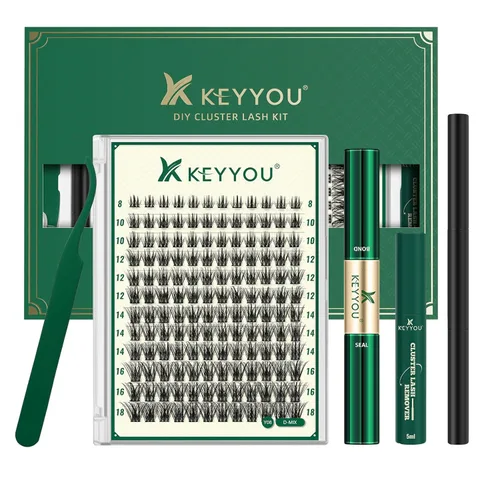 KEYYOU - Kit de extensión de pestañas para bricolaje, 144 pestañas en racimo, kit con cepillo tipo rímel, pegamento para unir y sellar, removedor de