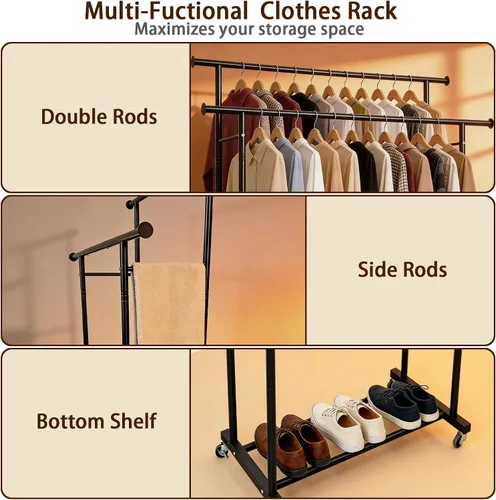 Miniatura 5 de Perchero de doble barra para colgar ropa, portátil, con ruedas, perchero de metal resistente con estantes dobles para dormitorio, lavandería, sala