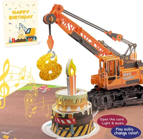 Miniatura 14 de Tarjeta de felicitación 3D de 4º cumpleaños con luz y música, tarjeta de camión grúa para niño, sobrino, nieto, hijo, niño pequeño, con sobre, 4th