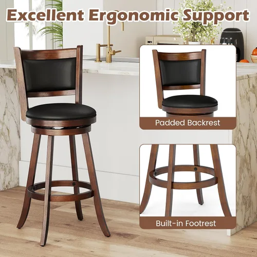 Miniatura 8 de COSTWAY Juego de 2 taburetes de bar, giratorios de 360 grados, taburete giratorio de madera con acento de altura, diseño tapizado de cuero, asiento