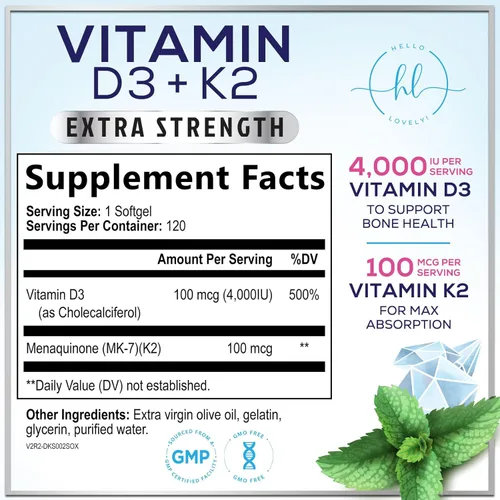 Miniatura 2 de Vitamina D con K2 (MK-7) – Vitamina D3 4000IU (125 mcg) por porción – Suplemento complejo D3K2 para huesos, dientes, músculos, absorción de calcio