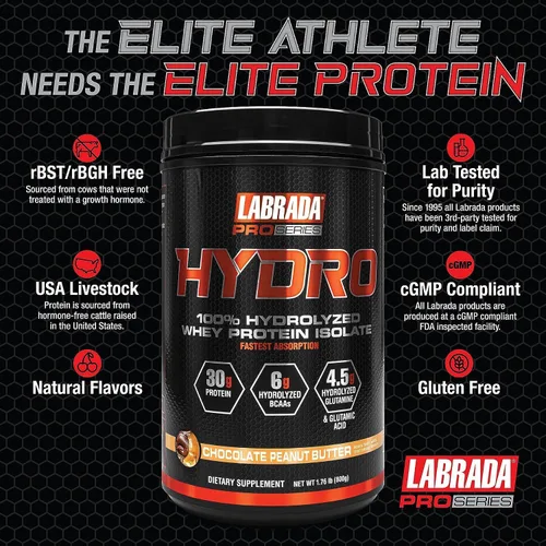 Miniatura 5 de LABRADA HYDRO 100% Polvo de proteína aislada de suero hidrolizada pura, sin lactosa, 6g de BCAA, 4.5g de glutamina, el suero más rápido de digerir