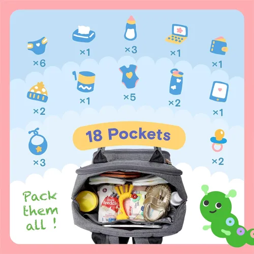 Miniatura 4 de iniuniu Mochila para pañales, kit 4 en 1, bolsas de bebé unisex grandes para niños y niñas, mochila de viaje impermeable con bolsa para pañales Gris