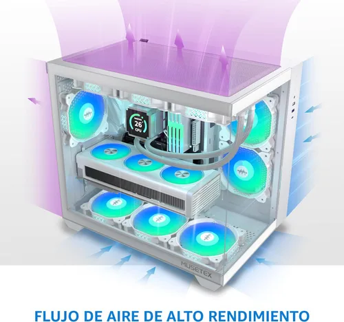 Miniatura 3 de MUSETEX Caja de PC ATX, 6 Ventiladores ARGB PWM Pre-Instalados, Soporte para RAD de 360MM, Caja de PC para Juegos con Type-C, Vista Completa de 270°