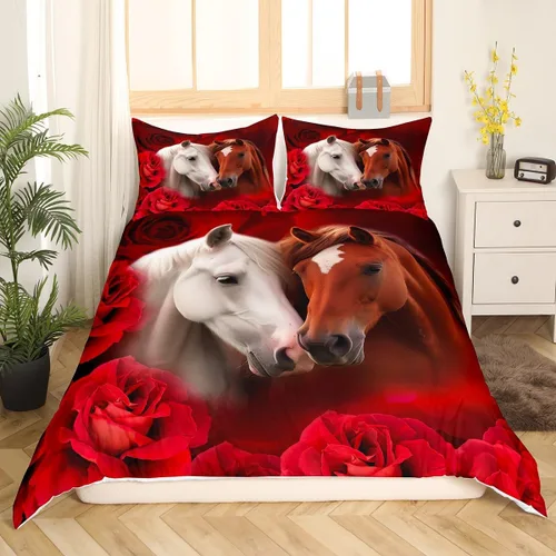 Miniatura 3 de Funda de edredón de caballo blanco y marrón, juego de ropa de cama 3D de animales de granja occidental para niñas y niños, funda de edredón
