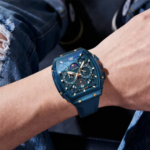 Miniatura 2 de OLEVS - Relojes para hombre, de cuero marrón, caja dorada, analógico, de cuarzo, de moda, para negocios, reloj de vestir, con fecha, luminoso