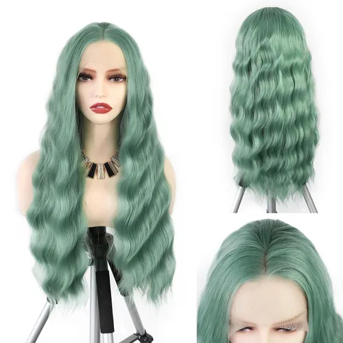 Pelucas de encaje frontal sintético verde menta, parte media, onda suelta, resistente al calor, línea capilar natural, pelo de fibra sin pegamento,
