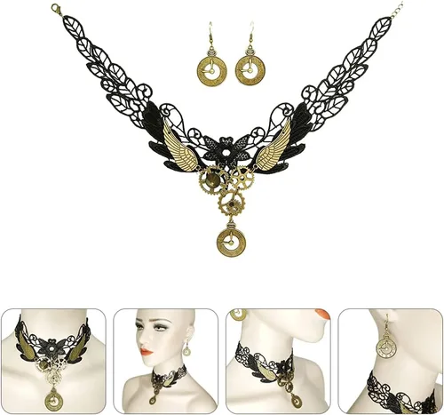 Miniatura 9 de Generic Gargantilla de encaje gótico, aretes vintage, collar steampunk, gargantilla de engranaje, accesorios de disfraz para mujeres y niñas, 3