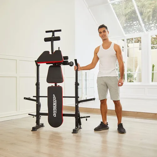 Miniatura 8 de OPPSDECOR Juego de banco de pesas todo en uno de 900 libras con estante para sentadillas, banco de entrenamiento ajustable con desarrollador