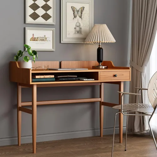 Miniatura 9 de Escritorio de maquillaje de madera negra que ahorra espacio, mesa moderna para computadora con cajones y asas doradas