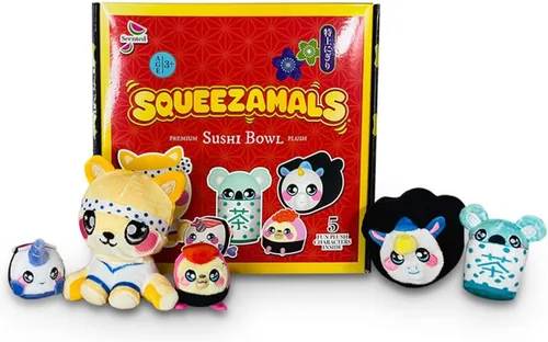 Squeezamals World of Food - Juego de cuenco de sushi Chirashi para niños, juguete de peluche de 5 piezas, incluye mini peluches de comida perfumada