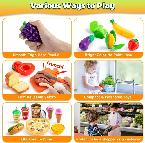 Miniatura 3 de Juegos de comida de juego de simulación para niños pequeños, juego de tienda de comestibles para niños con bolsas de compras, calculadora, cortar