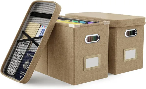 Miniatura 16 de Oterri Caja de archivos colgante con bolsillo de malla, caja organizadora de archivos con tapa, caja organizadora de documentos plegable