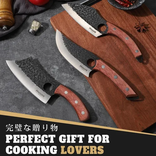 Miniatura 2 de Huusk Juego de 3 cuchillos de carnicero japoneses para cortar carne, juegos de cuchillos vikingos forjados a mano con cuchillo de carne