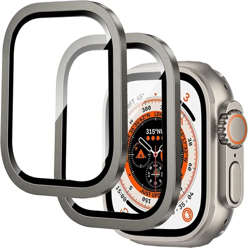 Miniatura 10 de Miimall Paquete de 2 protectores de pantalla de titanio para Apple Watch Ultra/Ultra 2 de 1.732 pulgadas, marco de titanio + vidrio templado