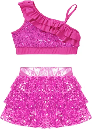 Miniatura 24 de JEATHA Top corto con borlas y lentejuelas brillantes para niñas, con minifalda, jazz latino, salsa, samba, rumba, baile