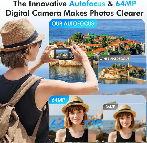 Miniatura 3 de Cámara digital 4K, cámara de videoblogs de 64 megapíxeles con enfoque automático y lente dual, zoom digital 16X, cámara compacta de YouTube