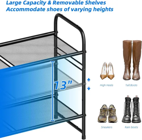Miniatura 7 de SUFAUY Zapatero de malla de 3 niveles, estante de zapatos de metal para armario de 33 pulgadas de ancho, resistente, negro