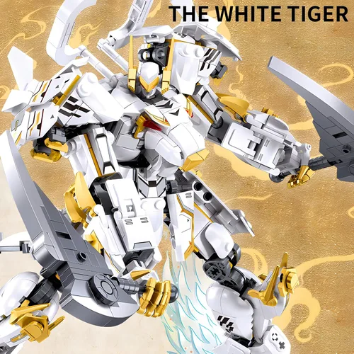 Miniatura 3 de CSNRHG Modelo de robot mecánico samurái de tigre blanco con doble hacha, bloques de construcción, juego de juguetes de cumpleaños mítico para niños