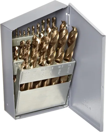 Chicago Latrobe Serie 550 Juego de brocas de acero cobalto con caja de metal, acabado de óxido de oro, punta dividida de 135 grados, métrica, 25
