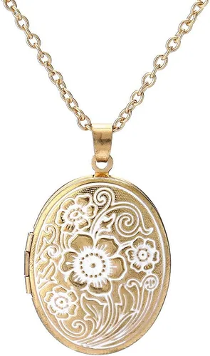 COLORFUL BLING Collar romántico con medallón de corazón de plata de oro de 14 quilates para mujeres y niñas, con forma de flor grabada, ovalada, con