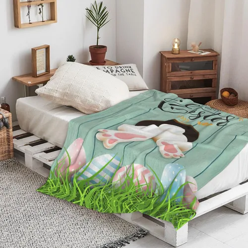 Miniatura 4 de Manta de Pascua para niños, cálida manta de vellón de felpa de franela, manta de cama con cola de conejo, huevos de Pascua, conejo, flores