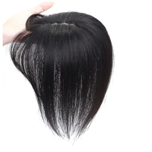 Miniatura 3 de Parte media parte de seda parte base cabello humano Topper 2.8x3.9 in frente recto clip en postizo con flecos Wispy 7.9 in negro apagado