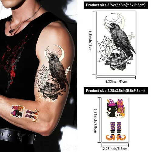 Miniatura 7 de 39 tatuajes temporales de Halloween que brillan en la oscuridad para adultos y niños, 9 tatuajes falsos realistas de media manga, calabaza