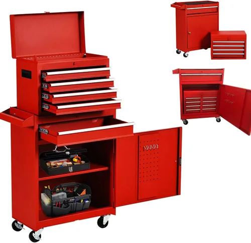 Miniatura 8 de X&T Caja de herramientas con ruedas compuestas, organizadores de pecho desmontables con cerradura con 4 ruedas y 5 cajones, armario