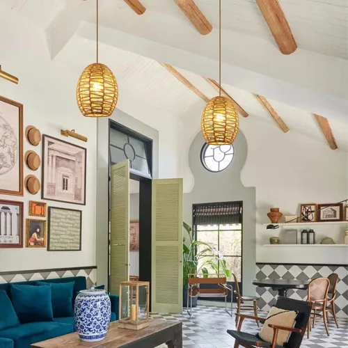 Miniatura 7 de DELIPOP Lámpara colgante, araña de ratán tejida a mano, luces colgantes ajustables bohemias para sala de estar, comedor, cocina, dormitorio, granja