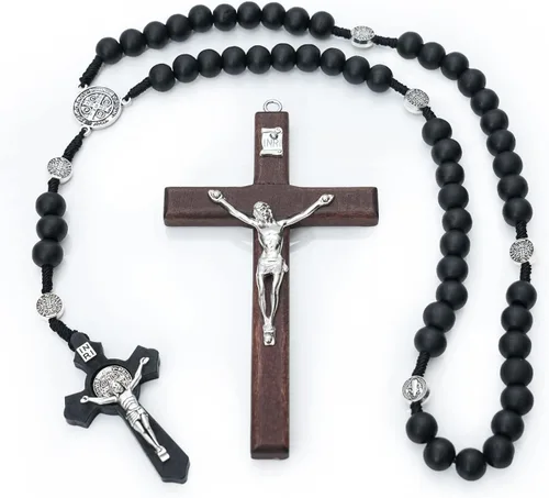 Miniatura 2 de MelinSam Cruz de pared de crucifijo, cruz católica hecha a mano con cuentas de rosario de madera, collar con colgante y piedras inspiradoras