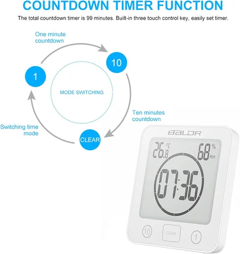 Miniatura 7 de Temporizador de ducha digital con pantalla táctil impermeable, pantalla de temperatura y humedad, reloj de baño con ventosas y agujero para colgar