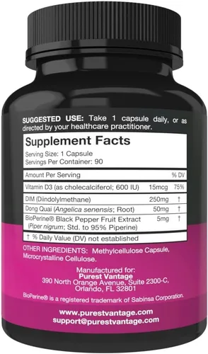 Miniatura 2 de Suplemento DIM puro de 250 mg de diindolilmetano más BioPerine y Dong Quai - Apoyo al equilibrio hormonal para mujeres y hombres, apoyo