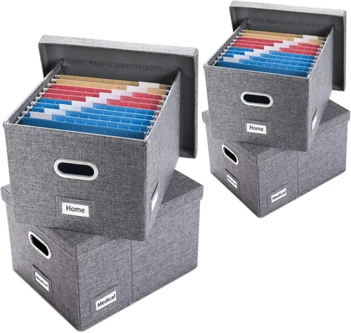 Miniatura 15 de PRANDOM Caja Organizadora de Archivos - Juego de 2 Cajas Plegables Decorativas de Lino para Almacenamiento de Archivos Colgantes con Tapas para Gris