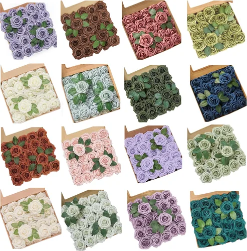 Miniatura 13 de Flores artificiales, 25 piezas, rosa artificial azul bebé para ramos de boda, centros de mesa, arreglos, flor falsa con tallos para decoración