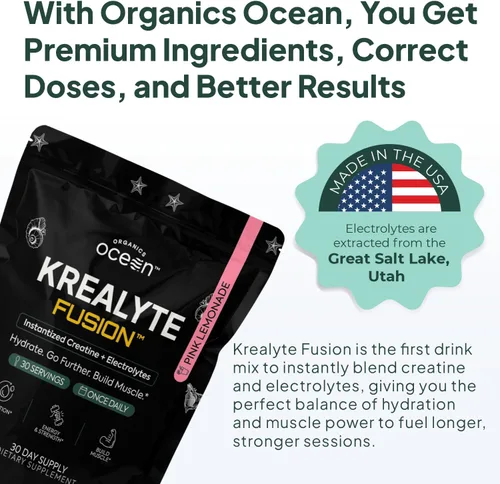 Miniatura 3 de Organics Ocean Krealyte Fusion - Monohidrato de creatina instantánea en polvo con electrolitos - Fuerza muscular, resistencia e hidratación