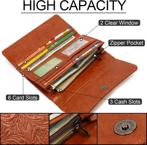 Miniatura 2 de MEITRUE Cartera de cuero para mujer, con bloqueo RFID, triple pliegue, con relieve, soporte para tarjetas, organizador de chequera para teléfono