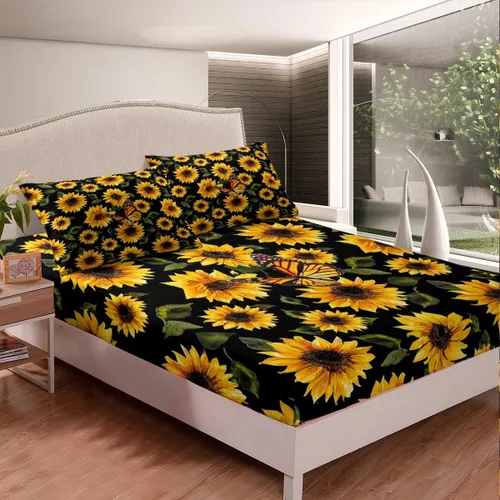 Miniatura 3 de Juego de sábanas con diseño de girasoles para niñas, sábanas de flores amarillas con mariposas, sábana bajera ajustada, patrón de flores elegante