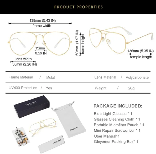 Miniatura 6 de Gleyemor Gafas de luz azul estilo aviador para mujeres y hombres, lentes de luz azul anti luz azul con marco de metal para computadora